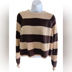 Ardene Striped Crew Neck Sweater - Cream and Brown